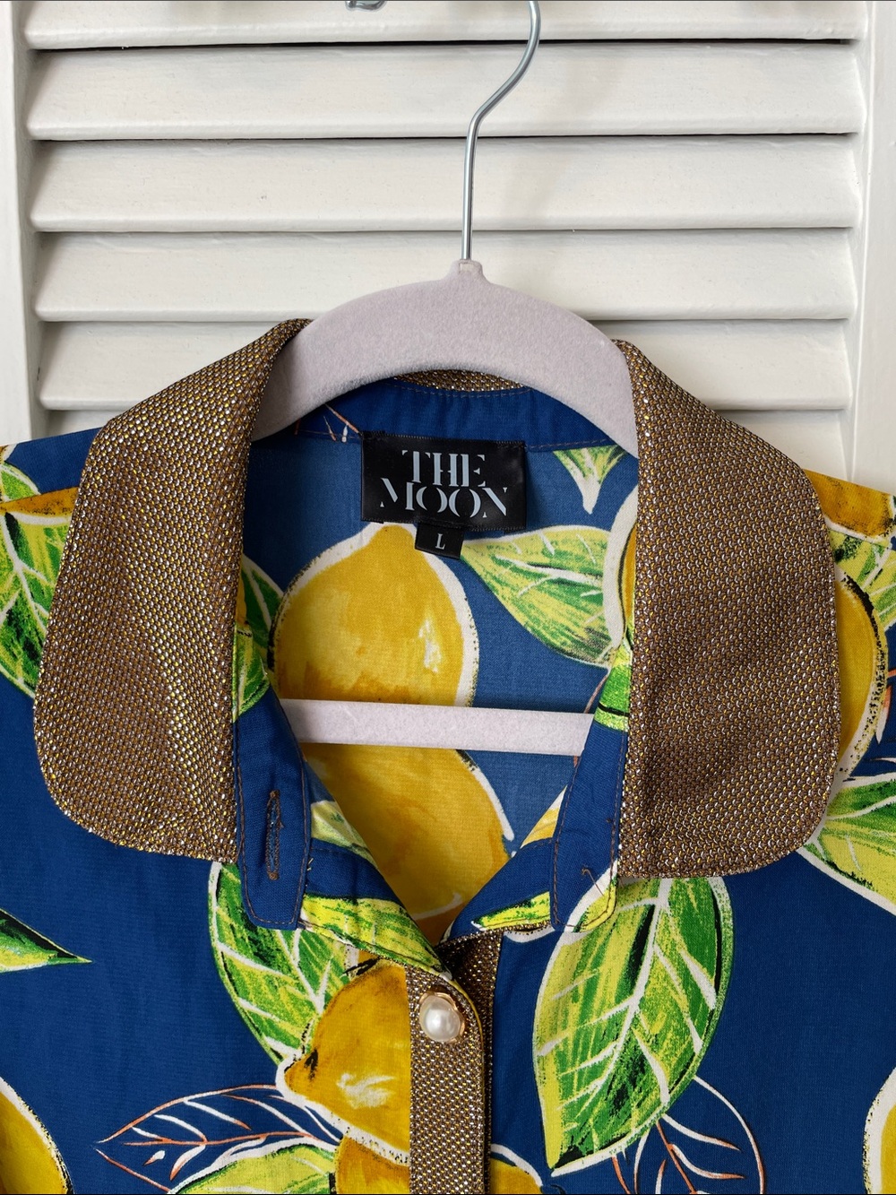 The Moon Blue Lemon-Print Short Sleeve Blouse with Metallic Trim - Picture 3 of 8